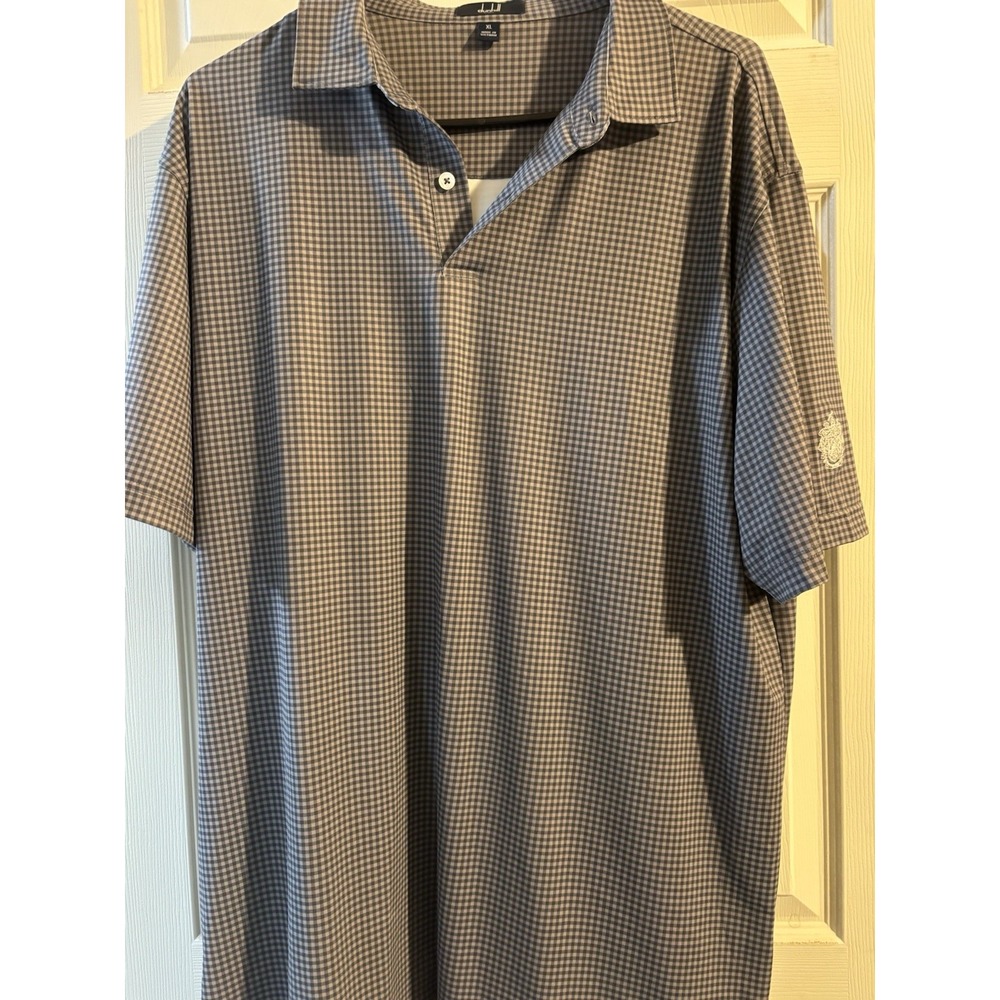 Dunhill Links Mens XL Grey Gingham Check Short Sleeve‎ Golf Polo Shirt Logo Slve